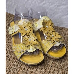 L'artiste Sandals 38 Spring Steps Women's Karina Yellow Leather Floral US 7.5/8